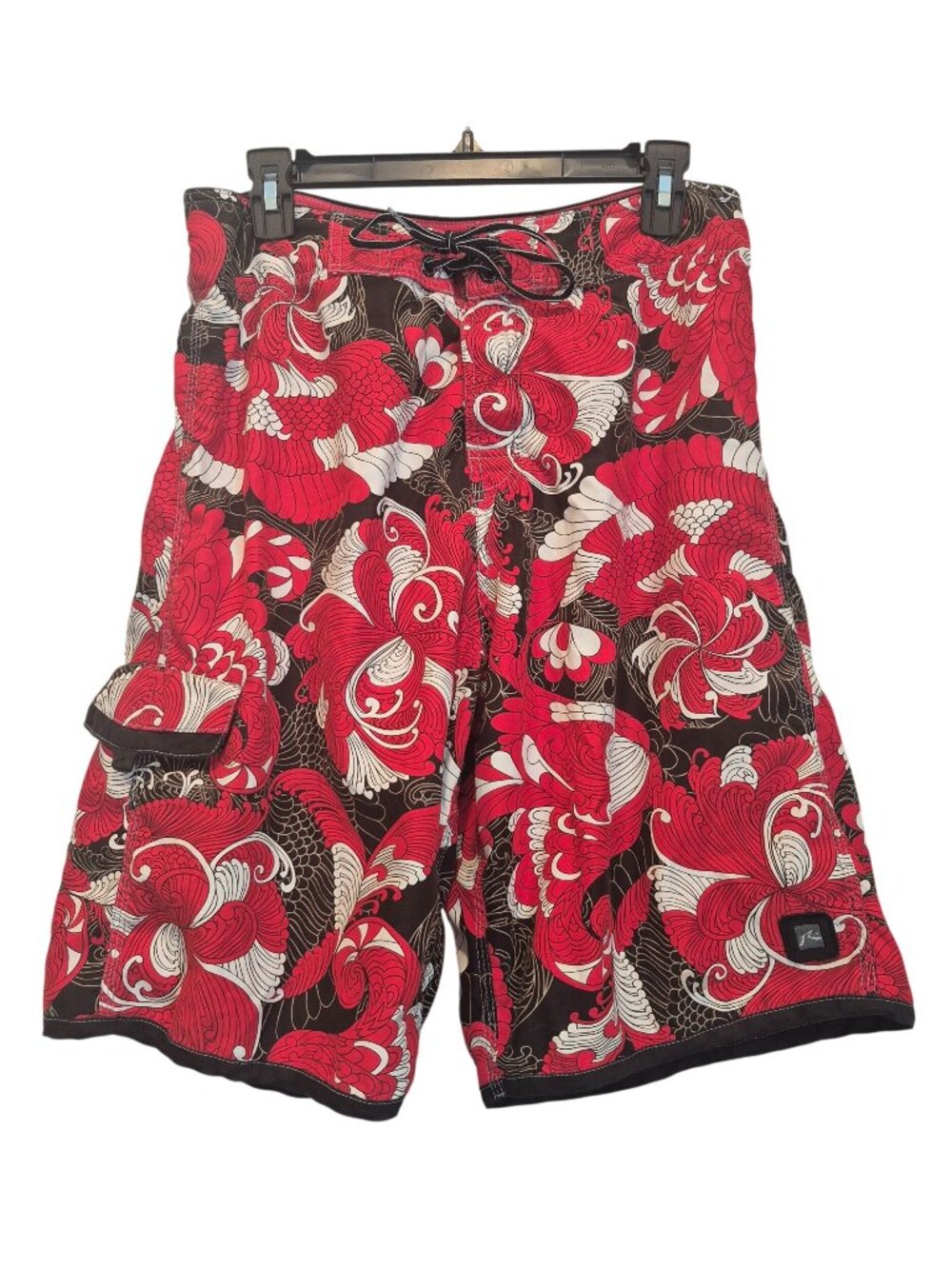 Vtg 90s Y2K Rusty Board Short Swim Trunks Red Oriental Whimsical Mens 33 Pockets